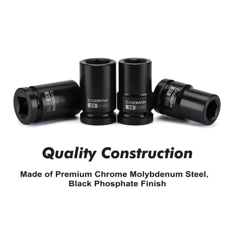 One-Inch Drive Deep Impact Socket Set for Wheel Nuts, 6-Point Metric Sockets, CR-MO Steel, Heavy-Duty with Black Phosphate Finish