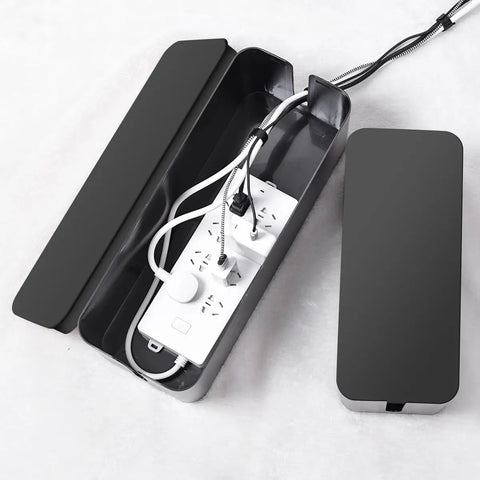 Open black cable organizer showing cords inside, part of Two Pack Large And Medium Bamboo Style Cable Organizer Boxes With 17 Piece Cord Management Set To Hide Surge Protectors And Cables On Desk Or Floor Effortless Tidying White Finish.