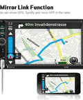 Double Din Car Stereo 7 Inch Touchscreen Head Unit With Bluetooth USB SD FM Radio Mirror Link DVR MIC MP5 Player In Dash Car Receiver showing GPS navigation on touchscreen and smartphone