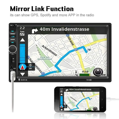 Double Din Car Stereo 7 Inch Touchscreen Head Unit With Bluetooth USB SD FM Radio Mirror Link DVR MIC MP5 Player In Dash Car Receiver showing GPS navigation on touchscreen and smartphone