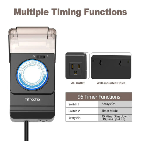 Heavy Duty Waterproof Mechanical Outdoor Timer Outlet Featuring Dual Grounded Plug In Sockets For Foolproof Daily Yard Garden And Patio Auto Lighting Schedule Setup with timer functions.