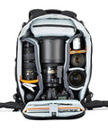 Open Flipside 500 AW II Camera Backpack showing organized space for DSLR, lenses, 400mm lens, and accessories.