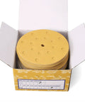 Rock Solid 100 Pack Of 6 Inch Hook Loop Sanding Discs With 15 Holes Made From Tough Aluminum Oxide for wood and metal in open box