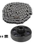 Knockout Performance Centrifugal Clutch With 3/4 Inch Bore And Rock Solid 12 Tooth Setup For Number 35 Chain Systems shown with chain and hardware.
