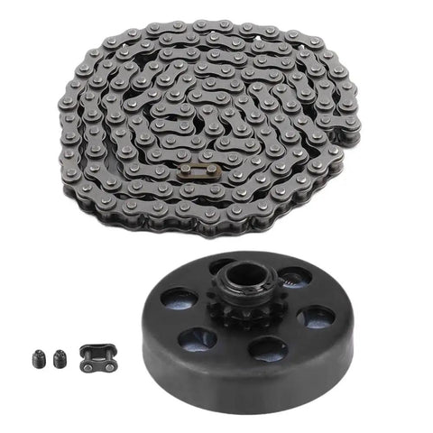 Knockout Performance Centrifugal Clutch With 3/4 Inch Bore And Rock Solid 12 Tooth Setup For Number 35 Chain Systems shown with chain and hardware.