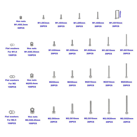 Gearhead Grade 1050 Piece 304 Stainless Steel Knurl Socket Head Cap Screws Hex Nuts And Flat Washers Assortment Kit With Metric Sizes M1.4 M1.6 M2 And M2.5 For Quick Builds And Durable Hardware shown in rows by size.