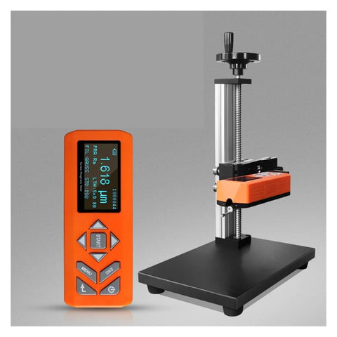 Top Tier Digital Surface Roughness Tester With Glare Free LCD Screen Portable Profile Gauge For Smoother Metal Jobs And Zero Hassle Production Line Checks displayed beside a measurement stand.