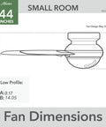 Diagram of Timpani 44 Inch Ceiling Fan Fresh White With Reversible Motor For Seasonal Cooling And Warm Air Circulation dimensions.