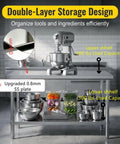 Premium 40x20 Stainless Steel Work Table Beefy Frame Heavy Duty Prep Station With Lower Shelf 600 Pound Capacity with mixer and storage.