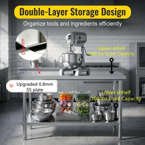 Premium 40x20 Stainless Steel Work Table Beefy Frame Heavy Duty Prep Station With Lower Shelf 600 Pound Capacity with mixer and storage.