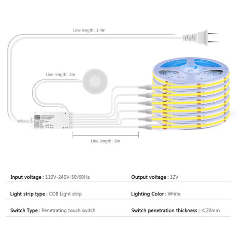 Diagram of Dope 12V COB LED Strip Lights Kit with six 3.3 foot strips, power adapter, touch switch, and specifications.