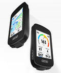 Dual view of 2.8 Inch Color Touchscreen GPS Bike Computer with Smart Map Navigation and ReRoute Planning displaying maps and metrics.
