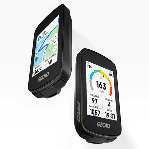 Dual view of 2.8 Inch Color Touchscreen GPS Bike Computer with Smart Map Navigation and ReRoute Planning displaying maps and metrics.