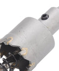 Close-up of carbide hole saw from Carbide Hole Saw Kit With 30mm 32mm 35mm 36mm 38mm Reamer Bits For Steel Stainless Aluminum Calcium Silicate And Plastic Sheets Heavy Duty Electrician Grade Thick Metal Sheet Cutter Drill Bit Set, showing cutting teeth and shank.
