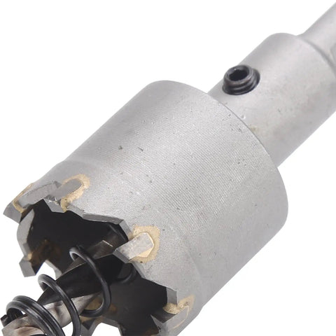 Close-up of carbide hole saw from Carbide Hole Saw Kit With 30mm 32mm 35mm 36mm 38mm Reamer Bits For Steel Stainless Aluminum Calcium Silicate And Plastic Sheets Heavy Duty Electrician Grade Thick Metal Sheet Cutter Drill Bit Set, showing cutting teeth and shank.