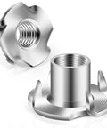 Front and side views of 25-pack stainless steel 1/4-20 tee nuts with four prongs and flanged base for wood furniture