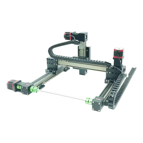 3 Axis Belt-Drive Linear Stage XYZ Gantry With Stepper Motor, 500mm Rail Robot Table, Nema 23 Compatible, 100mm Guide Rail, Precision Motion Rig For CNC Machines, 3D Printers, And Automation shown with cable chains