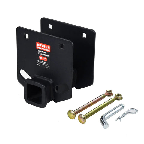 RV Bumper Hitch Receiver Adapter For 4 Inch Square Rear Bumpers, 2 Inch Receiver, with hitch pin kit, angle view