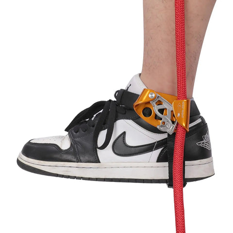 Foot Ascender For Climbing And Rappelling, Lightweight Aluminum Alloy Device In Right Orange, shown with shoe and rope