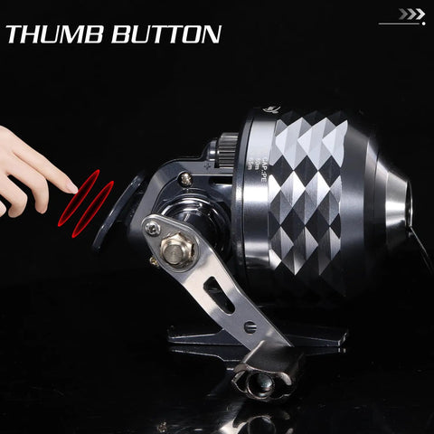 Spincast Fishing Reel With All Metal Gears And 3.9 To 1 High Speed Ten Pound Drag Push Button Casting, side view, hand on button