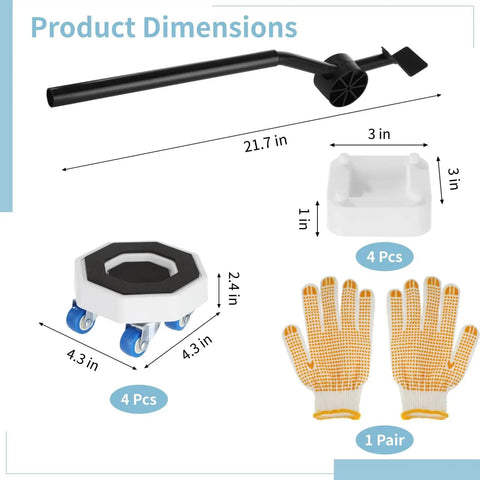 Product dimensions of 11 Piece Appliance Mover Kit With Heavy Duty Carbon Steel Pry Bar And Silent Roll Dolly Sliders included.