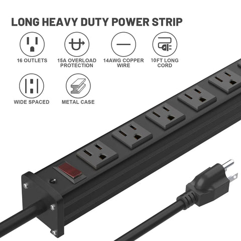 Heavy Duty 16 Outlet Metal Power Strip With 10 Foot Extension Cord Built To Handle Heavy Load Wall Mountable Industrial Grade