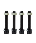 Four black and silver industrial bolts with washers and nuts, aligned vertically against a white background.