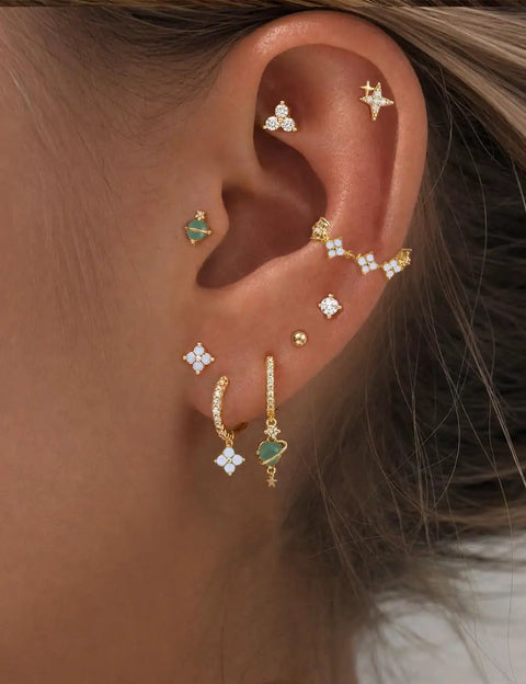 Gold Plated Earring Set For Women 9 Pairs Including Huggie Hoops Planet Ball Flower Dangle Studs Flat Back Cartilage Tragus Earrings For Multiple Piercings Stackable Jewelry Perfect For Everyday Vibe, gold-plated mixed studs on ear