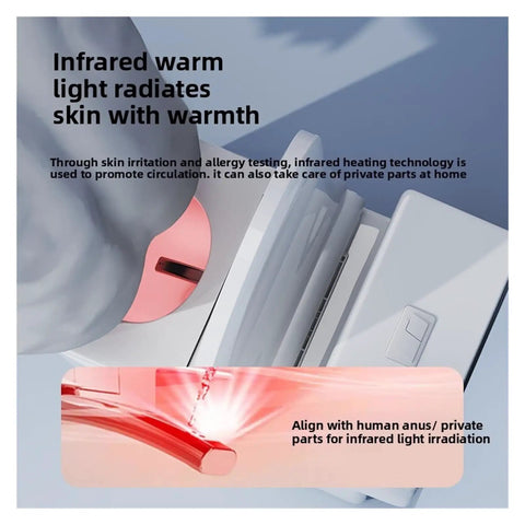 Infrared warm light radiating from a smart toilet seat, demonstrating heating technology for private parts care.