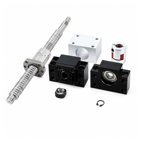 SFU1605 16mm Rolled Ballscrew Kit With BKBF12 Support And DSG16H Nut Perfect For CNC Router Builds And DIY Projects featuring components.