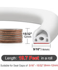 Side view of white silicone door weather stripping with U-shaped cross-section and red adhesive; 19.7 ft roll, 14 mm wide, 12 mm tall.