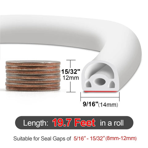Side view of white silicone door weather stripping with U-shaped cross-section and red adhesive; 19.7 ft roll, 14 mm wide, 12 mm tall.