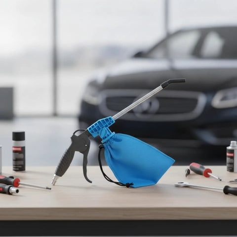 Badass Pneumatic Blower Vacuum For Shop Chores And Auto Detailing With Slick Metal Tube Lightweight Grip Sturdy Collection Bag on workbench