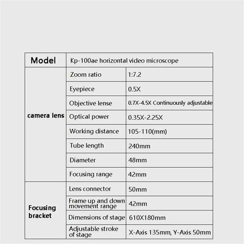 Horizontal Microscope Flatness Detection Kit For Double Head Observation With Video CCD Pro Grade Lab Microscope Accessories, spec table