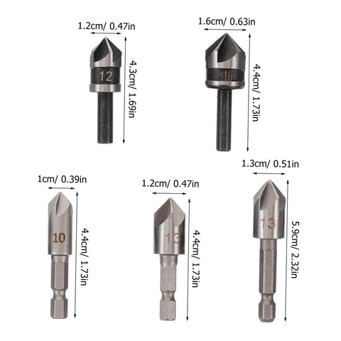 5 Piece Countersink Drill Bit Set For Woodworking And Metal Fabrication With Pro Grade Precision Chamfering Tools Versatile Deburring Kit