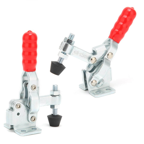 Quick Release Toggle Clamp For Drill Press And Woodworking Jigs And Fixtures Vertical Clamp shown with ergonomic red handle, side view.