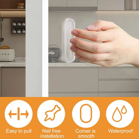 Clear PU Self Adhesive Recessed Finger Pulls 4 Pack Oval Sliding Door Handles in use on glass door, easy non-toxic grip