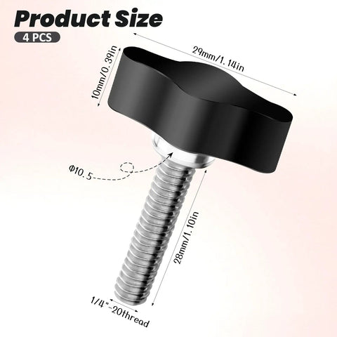 Four Piece Heavy Duty Stainless Steel Wing Knob Set Featuring Quarter Inch Coarse Thread And Rugged Black Grip for product size and detail.