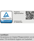 TÜV Rheinland certification badge for hygienic properties and QR code on packaging of Milk System Cleaner Tablets With Dispensing System For Coffee Machines For Milk Frothing Systems One Click Dosage For 30 Cleanings 90G Eco Friendly Reusable Dispenser