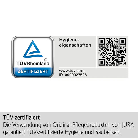 TÜV Rheinland certification badge for hygienic properties and QR code on packaging of Milk System Cleaner Tablets With Dispensing System For Coffee Machines For Milk Frothing Systems One Click Dosage For 30 Cleanings 90G Eco Friendly Reusable Dispenser