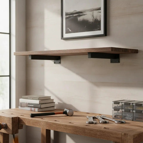 Multipurpose Black Steel Shelf Brackets For Garage, Kitchen And Workshop holding wooden shelf above workbench with tools and books.