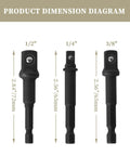 Impact Grade Socket Adapter Set With Universal Fit For One Quarter Inch, Three Eighths Inch, And One Half Inch Drive Drills dimensions