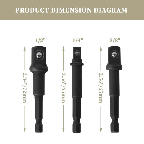 Impact Grade Socket Adapter Set With Universal Fit For One Quarter Inch, Three Eighths Inch, And One Half Inch Drive Drills dimensions