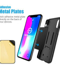 Adhesive metal plate attached to smartphone case, showing black surface and backing, part of Street Tested Metal Plates For Magnetic Phone Mounts 4 Pack With Heavy Duty Adhesive Cradle Free Mount Keeps Your Phone Locked Down Tight Through Bumpy Rides And Weekend Cruises In Matte Black.
