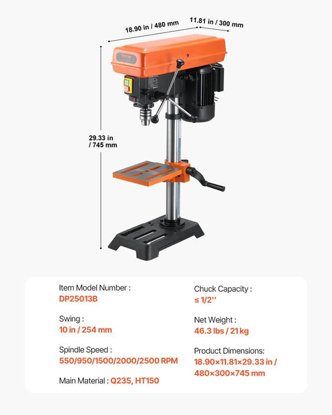 10 Inch Benchtop Drill Press With 6.2A Induction Motor Multi Speed Tabletop Drill Press Adjustable 0 To 45 Degree Tilting Worktable LED Work Light