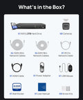 Box contents of 5MP All In One Security Camera System With Two Way Audio, 16 Channel NVR, Eight 3K IP PoE Cameras, cables, and accessories
