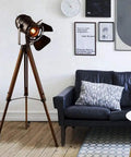 Vintage Black Wood Tripod Floor Lamp With Adjustable Height And Tilt Industrial Metal Nautical Style E26 Standing Corner Light