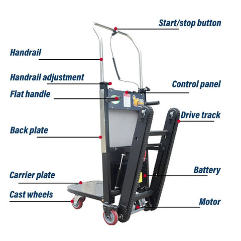 Top Notch Electric Stair Climber Hand Truck With 300kg Capacity And Powerful 850W Motor detailed view showing features and control panel.