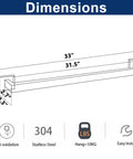 Dimensions diagram of 33 Inch Matte Black Stainless Steel Towel Bar Wall Mount Rack For Bathroom, rustproof SUS 304, 22 lb capacity.