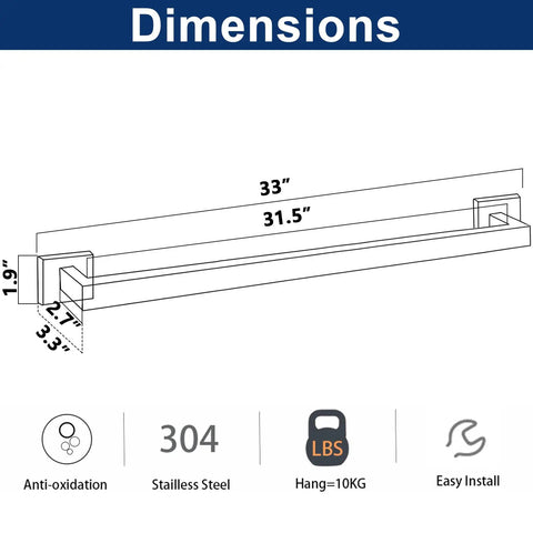 Dimensions diagram of 33 Inch Matte Black Stainless Steel Towel Bar Wall Mount Rack For Bathroom, rustproof SUS 304, 22 lb capacity.